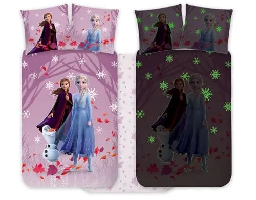 BrandMac Frozen Elsa & Anna Bettwäsche-Set für Kinderbett 100x135 cm & Kissenbezug 40x60 cm, 100% Baumwolle | nachtleuchtendes Bettbezug-Set für Kinder | Wendebettwäsche Set für Mädchen | Magisches