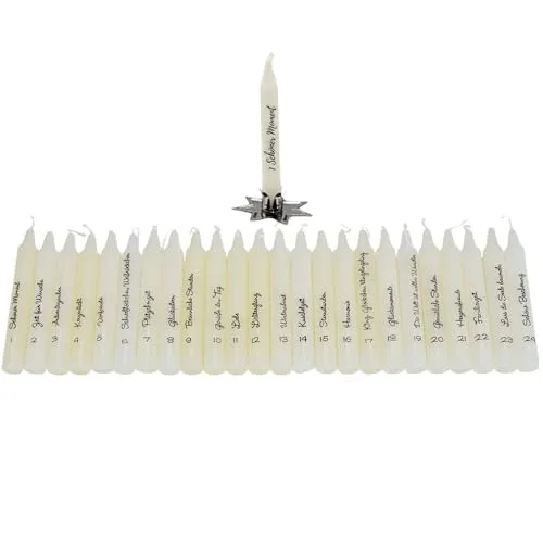 Dekohelden24 Formkerze Adventskalender 24 Stück mit Sprüchen - Entdecken Sie die Dekohelden24 Formkerzen: 24 individuell nummerierte Adventskalenderkerzen mit inspirierenden Sprüchen, stilvoll verpackt in einer Geschenkbox. Perfekt für besinnliche Momente in der Adventszeit!