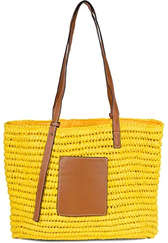 styleBREAKER Damen Korbflecht Schultertasche aus Papierstroh - Strandtasche in Gelb - Damen-Schultertaschen mit festem Kunstlederhenkel für hohen Tragekomfort, ideal als Strand- oder Einkaufstasche. Großes Hauptfach mit Reißverschluss und praktisches Seitenfach.