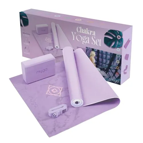 Myga Yoga Starter Kit | Komplettes Set mit Yogamatte, Yogablock & Gurt | rutschfest & Unterstützend | Ideal für Anfänger & Zuhause sowie Reisen | Unterschiedliche Druck Designs
