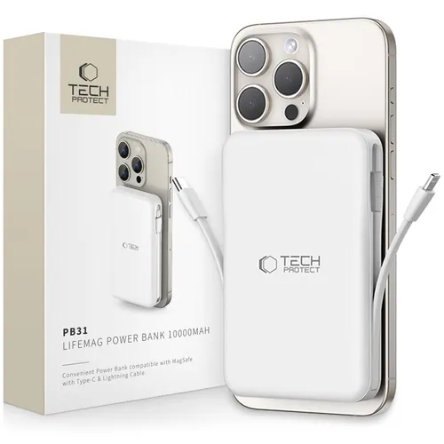 Tech-Protect PB31 Lifemag MagSafe Power Bank 10000 mAh - Weiß - Powerbank mit MagSafe-Technologie für bequemes und schnelles Aufladen, 10000mAh Leistung für mehrfaches Laden Ihrer Geräte, kompaktes und elegantes Design, ideal für unterwegs.