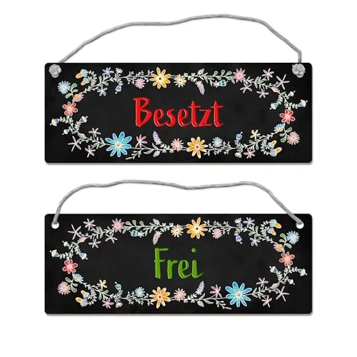 Schwarzes Toilette ist frei oder besetzt Wendeschild mit Blumen Motiv und Kordel