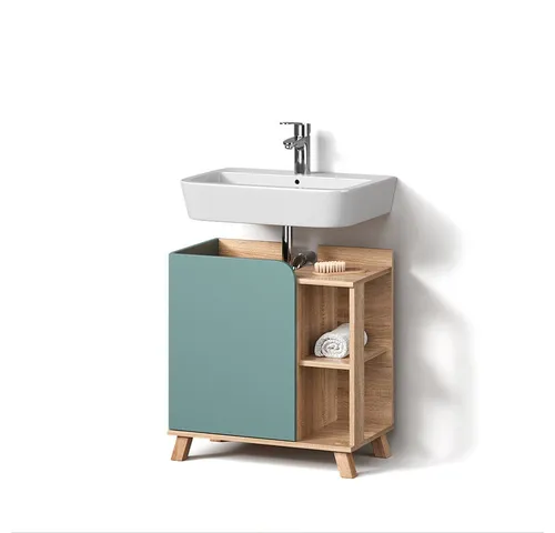 Livinity® Waschbeckenunterschrank Marano, Blau-Grau/Sonoma, 60 x 65 cm - Moderne Waschbeckenunterschränke mit Tür und offenen Fächern, ideal für kleines Badezimmer, aus robustem Spanplattenmaterial mit pflegeleichter Melaminharzbeschichtung.