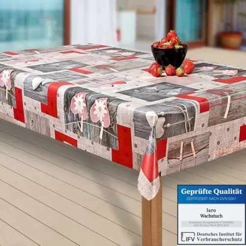 laro Wachstuch-Tischdecke Abwaschbar Garten-Tischdecke Wachstischdecke PVC Plastik-Tischdecken Eckig Meterware Wasserabweisend Abwischbar EZ, Muster:Herz. rot/grau, Größe:100-130 cm