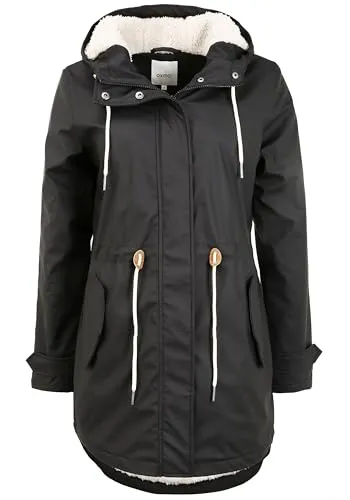 OXMO Jolina Damen Regenmantel – Wetterfeste Übergangsjacke in Schwarz - Leichte Regenjacke mit Teddy-Fell-Futter, Kapuze und praktischen Taschen. Ideal für wechselhaftes Wetter, kombiniert Stil und Funktionalität für jede Jahreszeit.