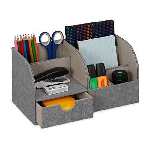 Relaxdays Schreibtisch Organizer, Schublade & 6 Fächer, Leinenoptik, HBT: 14,5 x 28 x 14,5 cm, Stiftehalter Büro, grau