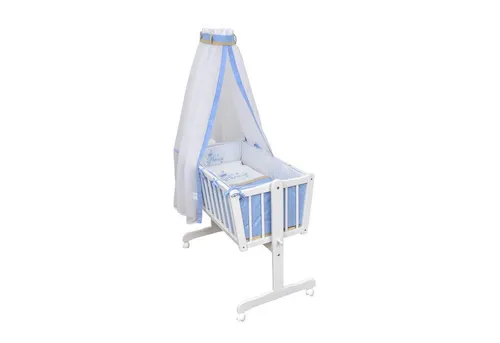 Baby-Delux Wiege Schaukelwiege Prince Weiß 90x40 cm mit Zubehör - Komplett Wiegenset für sanften Schlaf: Robuste Kiefer Massivholz Wiege mit Schaukelfunktion, inklusive hypoallergener Matratze und romantischem Chiffonhimmel. Ideal für eine beruhigende Schlafumgebung.