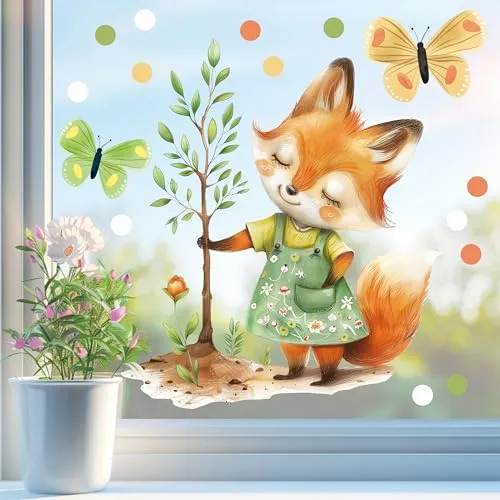 Sunnywall Fensterbild Fensterdeko Fuchs Gärtnerin Baum Fensteraufkleber statisch selbstklebend beidseitiger Druck Aufkleber Fenstersticker WIEDERVERWENDBAR A3