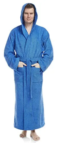 Arus Herren Bademantel mit Kapuze, Royalblau, S-M - Hochwertiger, knöchellanger Bademantel aus 100% Baumwolle mit Kapuze, zwei großen Taschen und Bindegürtel. Ideal für Sauna, Spa oder als Morgenmantel – komfortabel und stilvoll.