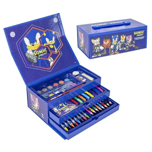 Farbkoffer für Kinder Sonic Set 52 Stück Farben und Schreibwaren Box mit Schubladen Zeichen- und Malset