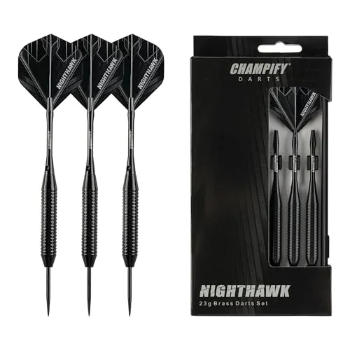 Champify® Messing Darts Set “Nighthawk” mit 23g Barrel und Stahlspitze | 3 Dartpfeile mit 6 Schäften & Flights | inkl. weiteres Zubehör | Dartpfeile mit Stahlspitzen ideal für Dart Anfänger
