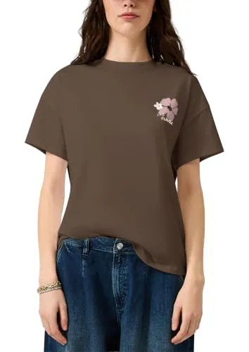 QS Damen T-Shirt – Loose Fit, Jersey, Rundhalsausschnitt, Rückenprint und Frontprint
