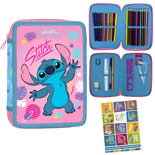 Stitch - Federmappe 2-Fach Federtasche Gefüllte Schüleretui und Hausaufgabenheft