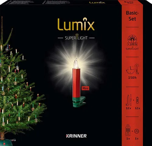 Krinner Christbaumkerzen Lumix SuperLight Mini - 12 kabellose LED Kerzen in Metallic Rot, mit Fernbedienung und Timer für Innen und Außen, spritzwassergeschützt und energiesparend
