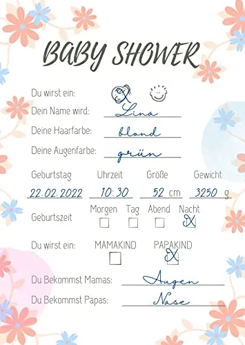 Produktbild EMI&SAM Babyparty Wunschkarten Karten Junge & Mädchen Wünsche Baby Shower 20 St (Blumen Orange)