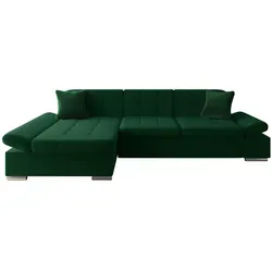 MIRJAN24 Ecksofa Malwi - L-Form Sofa mit Schlaffunktion und Bettkasten, regulierbare Armlehnen, Grün - Ecksofa Malwi in Grün mit Schlaffunktion und praktischem Bettkasten. Ideal für kleine Wohnungen, bietet Komfort und Flexibilität für Gäste.