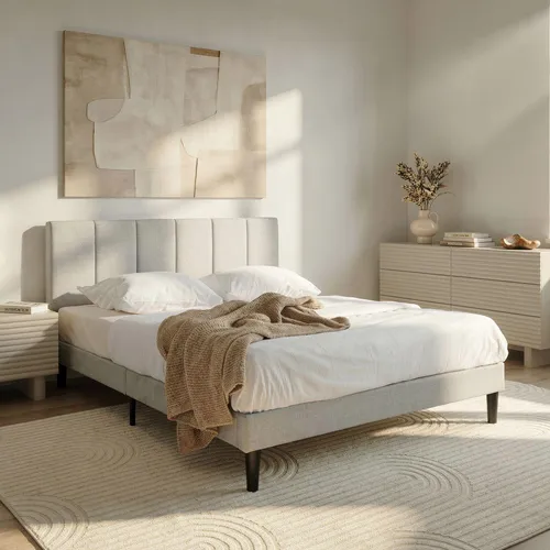 Polsterbett OLBIA 140 x 200 cm - Modernes Doppelbett mit gepolstertem Kopfteil in Hellgrau - Das Polsterbett OLBIA bietet mit seiner eleganten Leinenoptik und dem komfortablen gepolsterten Kopfteil einen stilvollen Schlafplatz für erholsame Nächte. Inklusive Lattenrost für sofortige Nutzung.