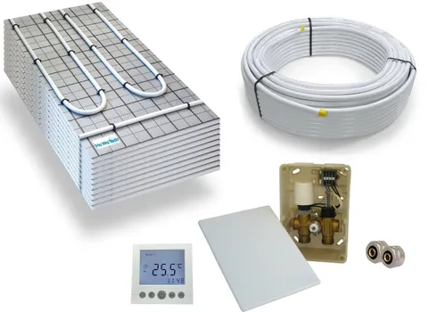 HoWaTech Fußbodenheizung TAC Warmwasser Komplettset mit Digitaler E-Regelbox - Komplettset für Fußbodenheizung mit digitalem Raumthermostat, energiesparend und ideal für Renovierungen, nur 20 mm Einbauhöhe.