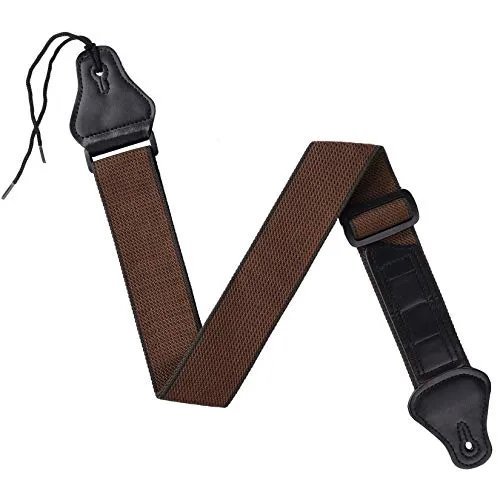 MengH-SHOP Gitarrengurt Verstellbarer Baumwolle Gitarren-Gurt PU Lederenden Gitarrenband mit 3 Plektrumhaltern für E-Gitarre, Westerngitarre, Akustikgitarre & Bass (Braun)