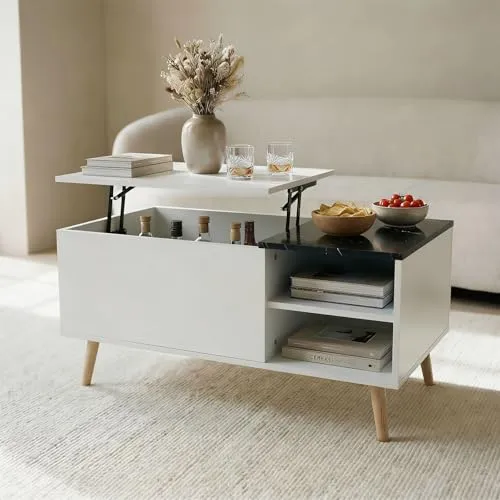 IDIMEX Couchtisch Muska mit Hebeplatte, 100 x 50 cm, Weiß/Schwarz – höhenverstellbare Tischplatte mit Stauraum, 2 offene Fächer, Beine aus Massivholz, Wohnzimmermöbel modern