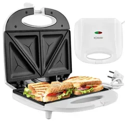 Bomann Sandwichtoaster, Weiß, Metall, Kunststoff, 22.7x8.3x20.7 cm, Antihaftbeschichtung, wärmeisolierte Griffe, rutschfeste Füße, leicht zu reinigen, Küchengeräte, Toaster