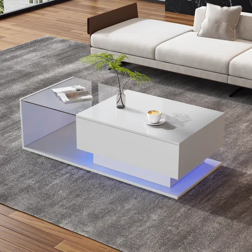STILVORA Couchtisch mit Glastischplatte,Kaffeetisch mit Beleuchtung durch APP-Steuerung,Sofatisch mit 2 Schubladen und 1 offenes Fach,Weiß