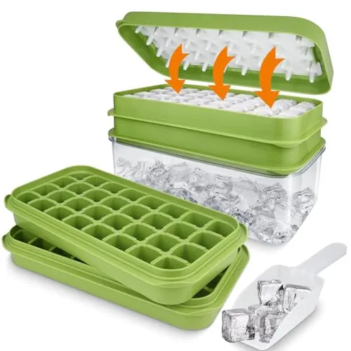 Eiswürfelform Silikon mit Deckel und Behälter, 64 Stück Eiswürfelbehälter BPA-frei, Leicht zu Entnehmen, Doppelschicht, Eiswürfelform Groß für Getränke, Whiskey, Smoothies, Küche, Bar, Picknick(Grün)