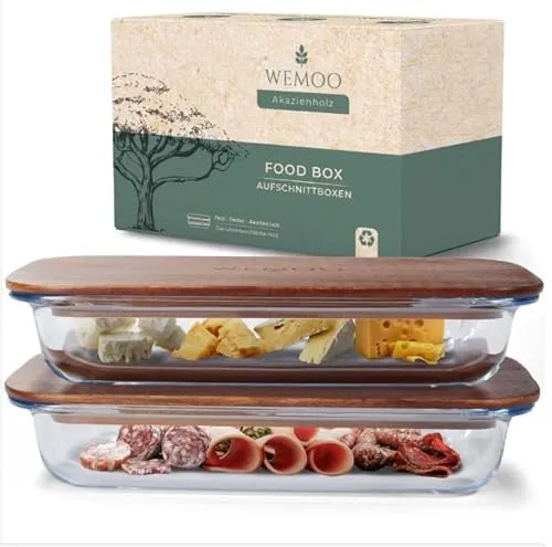 WEMOO Aufschnittboxen (2er Set) aus Glas und Akazienholz – stapelbar