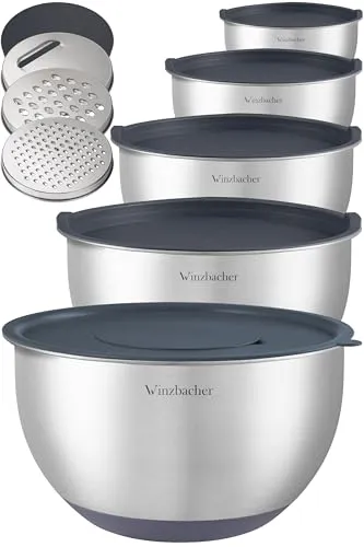 Winzbacher Edelstahl Schüssel mit Deckel [5er Set] 1l + 1.5l + 2.5l + 3.5l + 4.5l | Rührschüssel, Salatschüssel, Schüsselset, | rutschfest | stapelbar