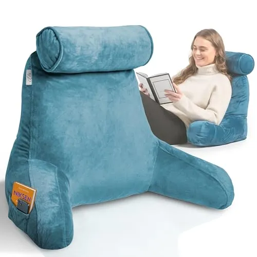 Ella Lesekissen für Bett und Sofa mit Abnehmbarer Nackenrolle - Rückenkissen Bett - Reading Pillow aus Memory Foam mit Armlehne, Ideal zum Lesen, Fernsehen, Faulenzen oder als Rückenstütze