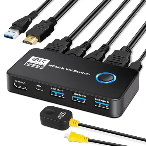 TCNEWCL 8K@60Hz HDMI USB 3.0 KVM Switch - KVM-Switch für 2 PCs und 1 Monitor, unterstützt Ultra HD 8K bei 60Hz, HDR und Dolby Audio, einfaches Plug&Play ohne Treiber.