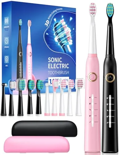 Demita Elektrische Zahnbürste, Schallzahnbürsten mit 8 Bürstenköpfen 40000 VPM 5 Modi, Schallzahnbürsten Schnellladung 4 Stunden dauern 30 Tage (travel case wirh S1, schwarz und rosa)
