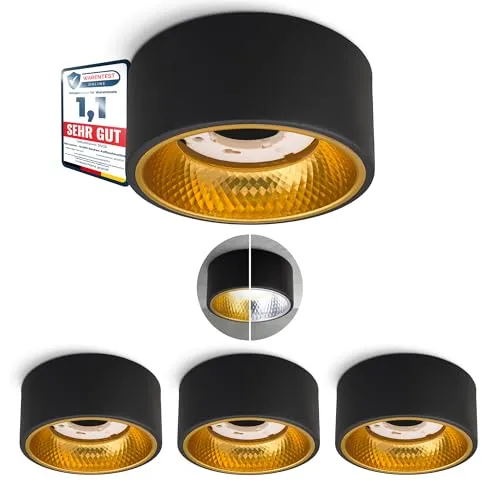 SSC-LUXon OLINO Deckenlampe - 4er Set Spot in Schwarz - Aufbaustrahler für geschlossene Räume mit warmweißem Licht und eleganten Fronten in Silber und Gold für individuelle Gestaltung.