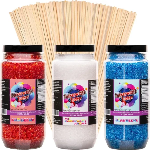 Zuckerwatteset Grob 3x700 g mit 100 Stäben von Hopser Funfood