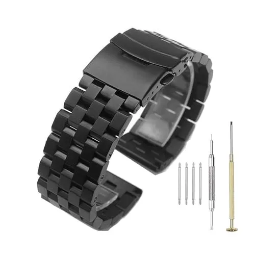 Kai Tian 24mm Schwarzer Ersatz-Armbandgürtel aus hochwertigem Edelstahl Solide Links Ingenieur Uhrenarmbänder Metall Darüber Falten Schnalle Uhrenarmband Armbanduhr für Damen Herren
