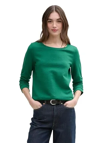TOM TAILOR Denim Damen Sweatshirt 1039979 - Stylisches Sweatshirt in Luscious Pine Green, mit gerafftem 3/4-Arm und Popcorn-Jacquard Struktur. Ideal für Loungewear oder Freizeit, aus pflegeleichter Baumwoll-Polyester Mischung für hohen Tragekomfort.