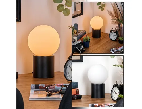 Hofstein Tischleuchte im Retro-Design aus Metall und Glas - Stylische Tischlampe für jeden Raum, Höhe 25 cm, mit elegantem Glasschirm in Weiß. Ideal für gemütliche Beleuchtung im Arbeitszimmer oder Wohnzimmer.