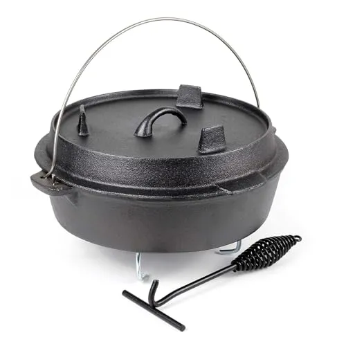 Dutch Oven 6l mit Untersetzer und Deckelheber - Grillzubehör für Lagerfeuer und Camping, aus robustem Gusseisen für optimale Wärmeleitung und -speicherung, inklusive praktischer Zubehörteile für einfache Handhabung.