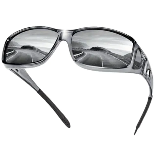 Boolavard Nachtfahrbrille für Männer und Frauen, Nachtsichtbrille passt über die Sonnenbrille, blendfrei, polarisiert, HD (Transparenter Grauer Rahmen, Graue Gläser)