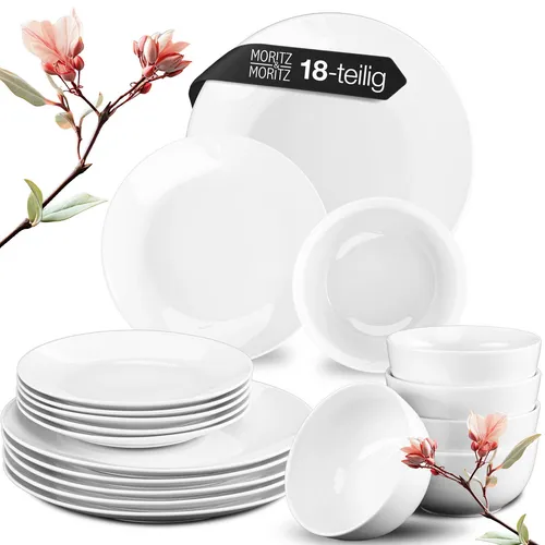 Moritz & Moritz BASIC 18-tlg. Geschirrset für 6 Personen - Tafelservice aus hochwertigem Porzellan in klassischem Weiß, spülmaschinenfest und ideal für elegante Dinnerpartys oder Familienessen.