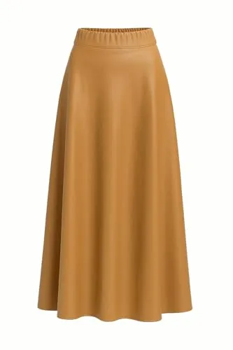Mississhop 404 Damen A-Linien Langer Rock mit Gürtel – Kunstleder Camel - Stylischer A-Linien Rock aus Kunstleder, ideal für Business und Freizeit. Mit elastischem Bund für optimalen Tragekomfort. Länge ca. 90 cm, vielseitig kombinierbar und mit passendem Gürtel.