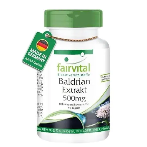 Fairvital | Baldrian Extrakt Kapseln - 90 Kapseln - HOCHDOSIERT - 500mg Baldrianwurzel-Extrakt 4:1 pro Kapsel - VEGAN - Valeriana Officinalis