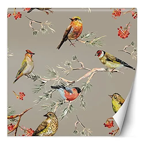 Feeby Fototapete XXL Vögel Äste Blumen 200x200 cm mehrfarbig Vliestapete Moderne Design Wandtapete Küche Flur Wohnzimmer Büro Badezimmer Kinderzimmer Abstrakt Natur