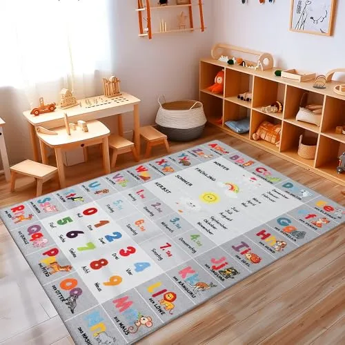 Carpettex Kinderteppich rutschfest | Lehrreiches Design mit Tieren, Zahlen, Jahreszeiten 80 x 120 cm | Kein Abwurf | Kurzflor und Waschbarer Spielteppich für Kinderzimmer für Mädchen und Jungen