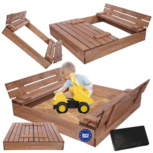 MODO24 Sandkasten mit Deckel und integrierten Sitzbänken, 120x117 cm, imprägniert, Gartenspielzeug für Kinder