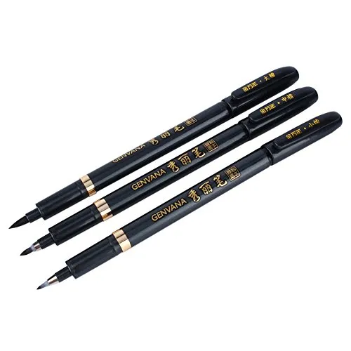 Delaman Kalligrafie Stift Set 3 Pinselstift mit weich Spitze für Schreiben Schriftzeichen Manga Handlettering (Schwarz)