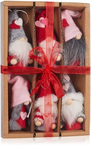 BRUBAKER 6er Set Dekoanhänger Herz Zwerge aus Holz und Strick - Baumanhänger Weihnachten Wichtel - Geschenkanhänger Valentinstag Rosa Rot - Baumschmuck oder Herz Dekoration in Geschenkbox