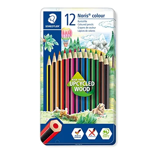 STAEDTLER Buntstifte Noris colour, rutschfeste Soft-Oberfläche, hohe Bruchfestigkeit, Made from Upcycled Wood, intensive Farben, Sechskantformat, 12 Farbstifte im Metalletui, 185 M12