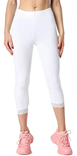 Bellivalini Damen 3/4 Capri Leggings aus Bio-Baumwolle mit Spitze für Tunika BLV50-224 (Weiß, S)