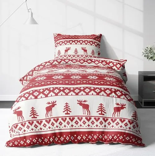 LINKHOFF Winter Flanell Bettwäsche 135x200 2 teilig - Fein-Biber Weihnachtsbettwäsche in Rot - Weihnachts Bettwäsche aus 100% Baumwolle - Winterbettwäsche Hirsch